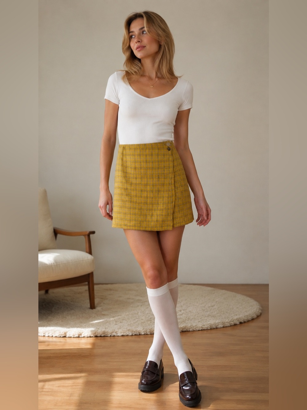 Vintage 90s Mustard Plaid Linen Blend Wrap Mini Skirt